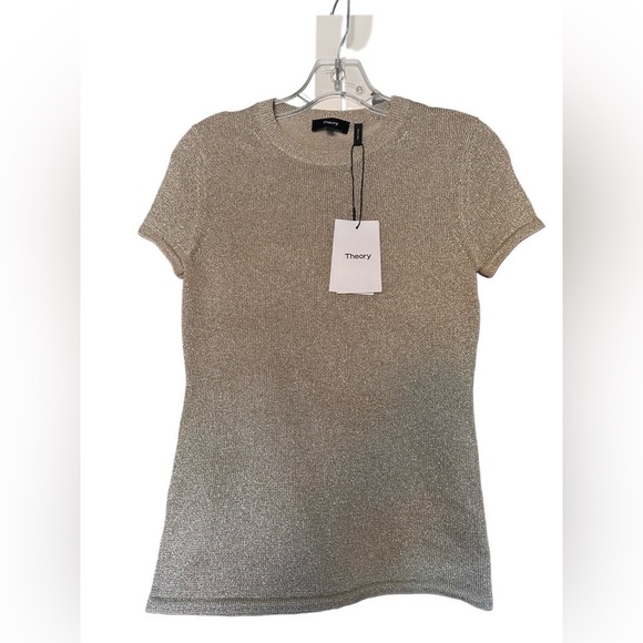 NWT Theory Gold Metallic Short Sleeve Slim Crew Neck Top Women’s Size P - Picture 3 of 8